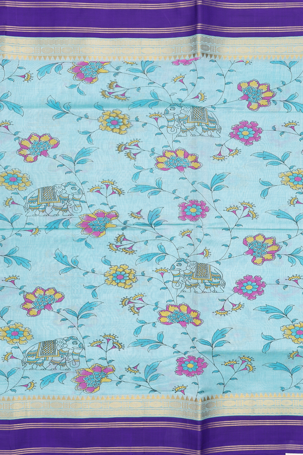 Silk Cotton Saree In Turkish Blue With Printed Design