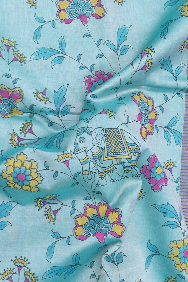 Silk Cotton Saree In Turkish Blue With Printed Design