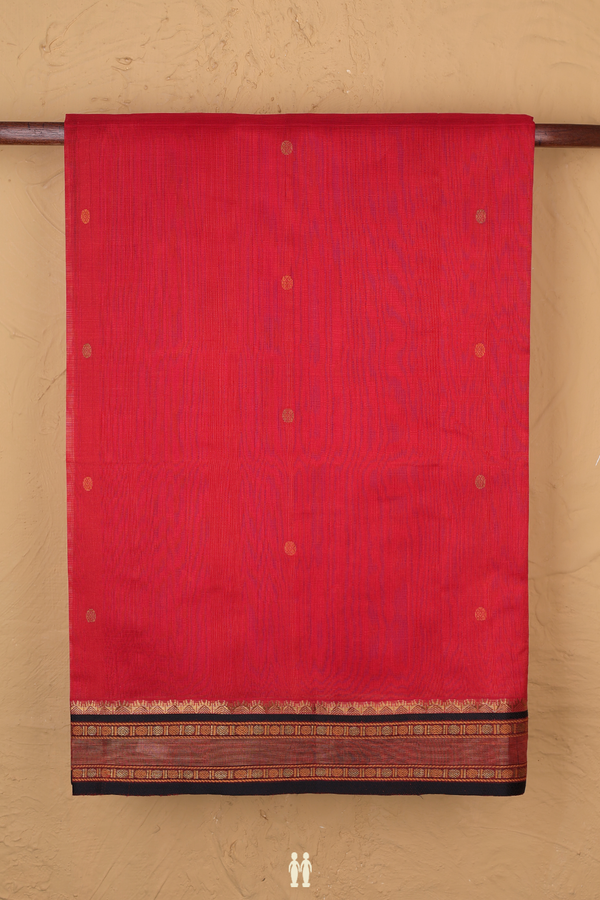 Silk Cotton Saree In Vermillion Red With Threadwork Buttas