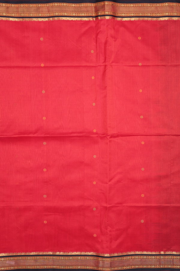 Silk Cotton Saree In Vermillion Red With Threadwork Buttas
