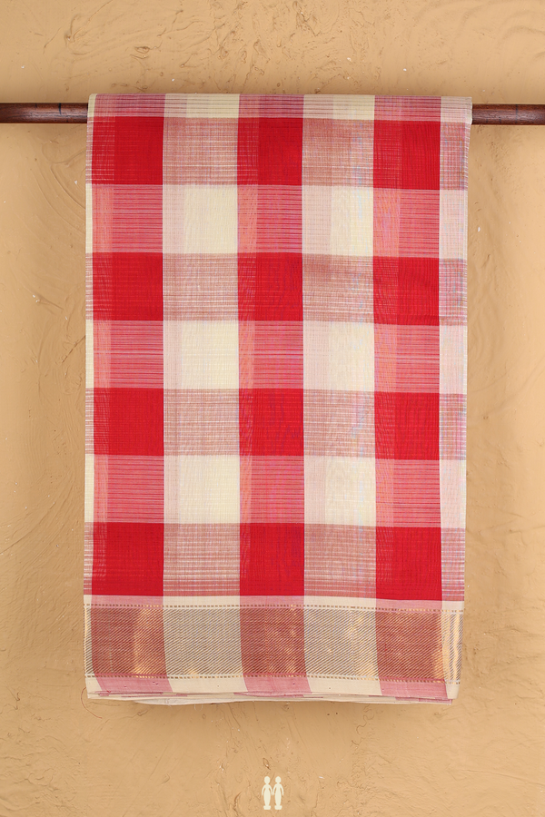 Silk Cotton Saree In White And Red With Checks Design