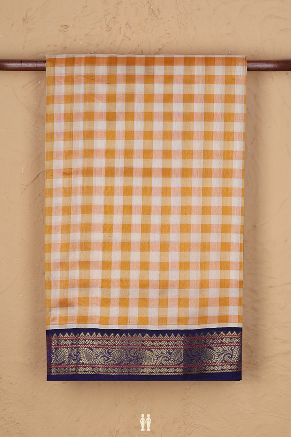 Silk Cotton Saree In Yellow And White With Checks Design
