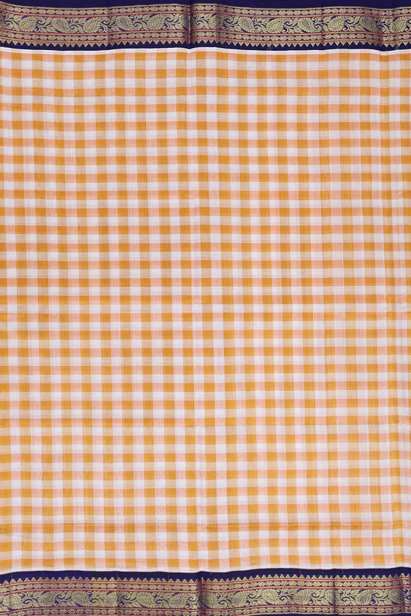 Silk Cotton Saree In Yellow And White With Checks Design