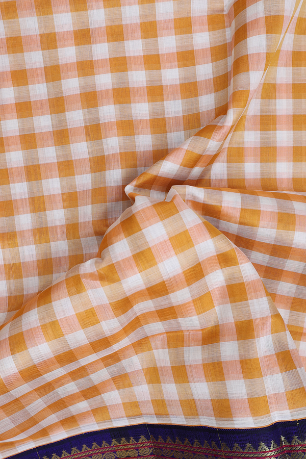 Silk Cotton Saree In Yellow And White With Checks Design