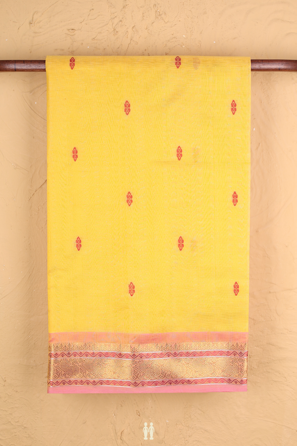 Silk Cotton Saree In Yellow With Floral Buttas