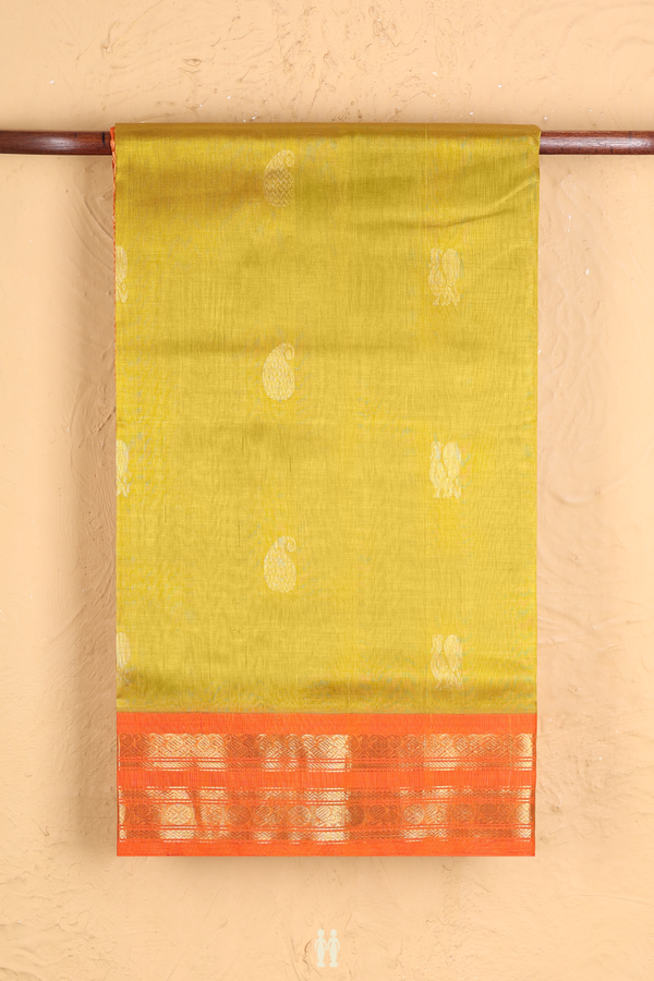 Silk Cotton Saree In Golden Yellow With Paisley Buttas