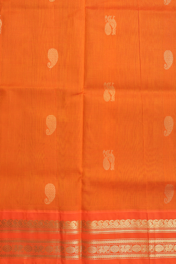 Silk Cotton Saree In Golden Yellow With Paisley Buttas