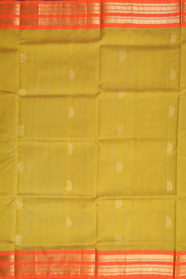 Silk Cotton Saree In Golden Yellow With Paisley Buttas