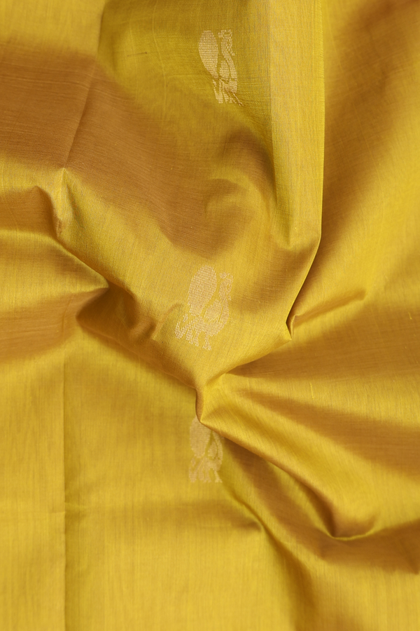 Silk Cotton Saree In Golden Yellow With Paisley Buttas