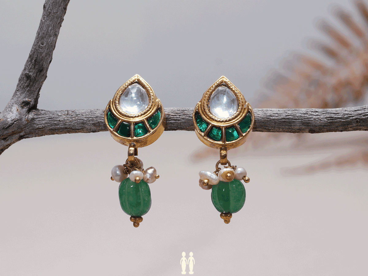Green And Crystal Stone Gold-Plated Silver Earrings