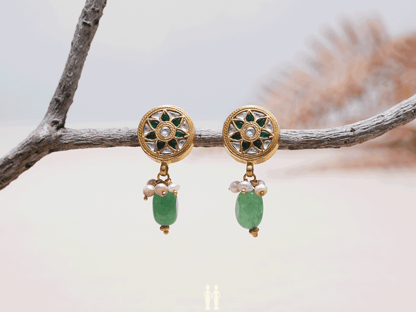 Green White Stone Chakram Stud Gold-Plated Silver Earrings