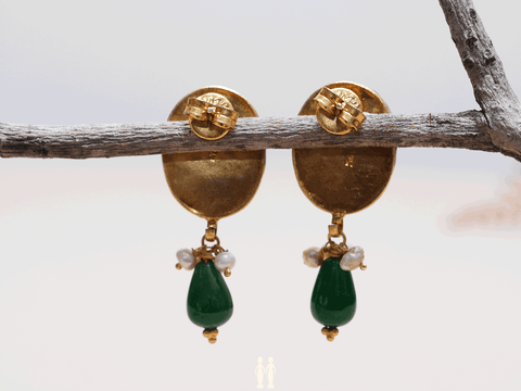 Oval Shape Green And White Stone Gold-Plated Silver Earrings