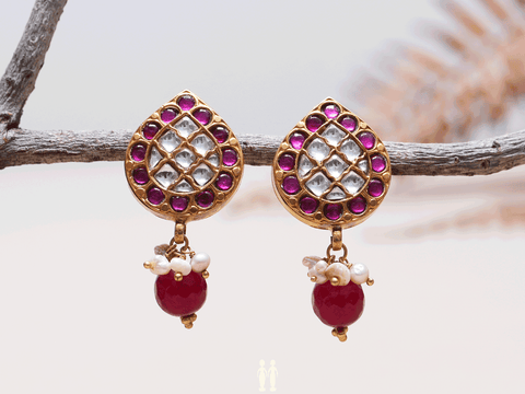Pink White Stone Thilagam Stud Gold-Plated Silver Earrings