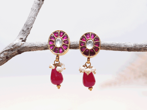 Oval Shape Pink And White Stone Gold-Plated Silver Earrings