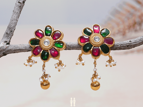 Red And Green Stone Floral Design Gold-Plated Silver Earrings