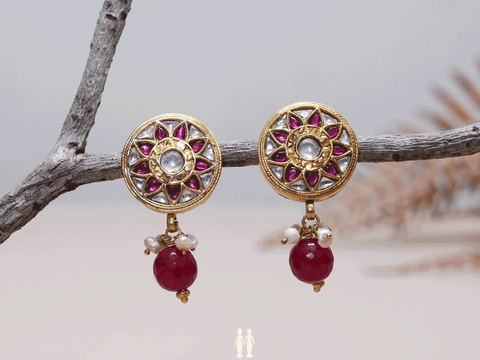 Pink And White Stone Chakram Stud Gold-Plated Silver Earrings