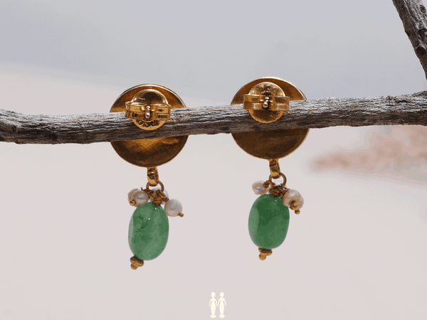 Green White Stone Chakram Stud Gold-Plated Silver Earrings