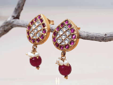 Pink White Stone Thilagam Stud Gold-Plated Silver Earrings