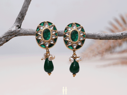 Oval Shape Green And White Stone Gold-Plated Silver Earrings