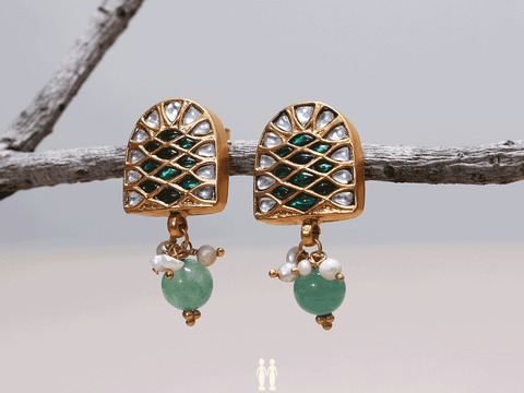 Green And Crystal Stone Gold-Plated Silver Earrings