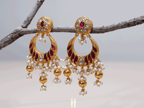 Pink And Crystal Stone Chandbali Gold-Plated Silver Earrings