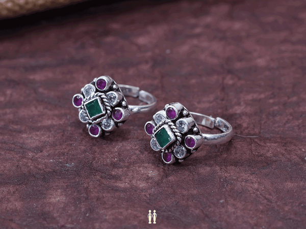 Pair Of TriColor Stone Oxidized Silver Toe Rings
