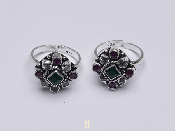 Pair Of TriColor Stone Oxidized Silver Toe Rings