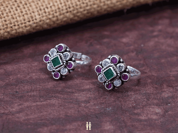 Pair Of TriColor Stone Oxidized Silver Toe Rings
