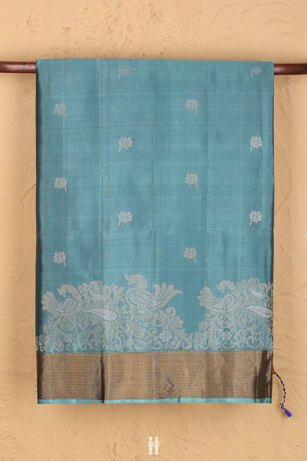 Soft Silk Saree In Aegean Blue With Floral Buttas