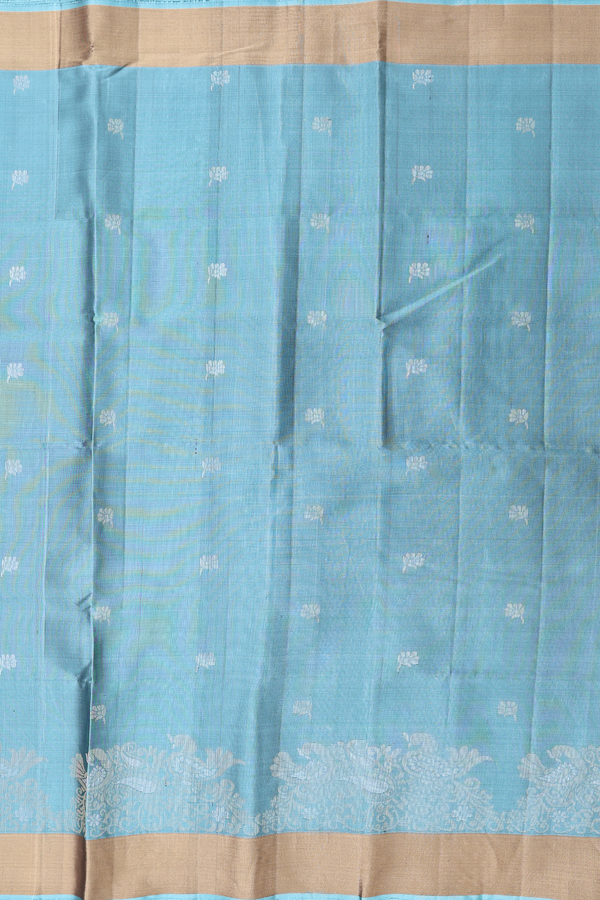 Soft Silk Saree In Aegean Blue With Floral Buttas