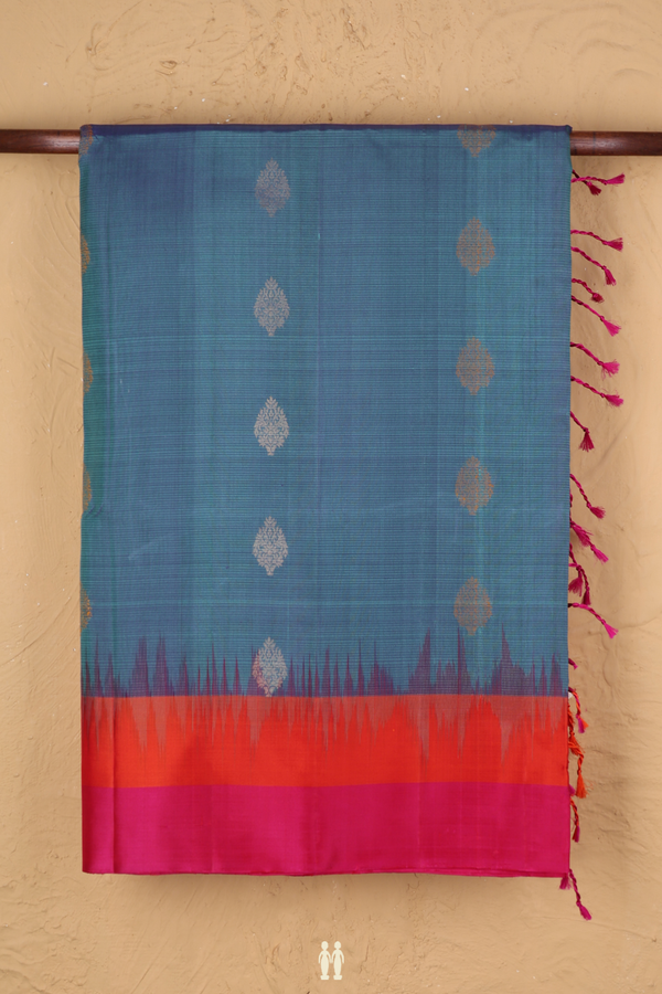 Soft Silk Saree In Aegean Blue With Zari Buttas