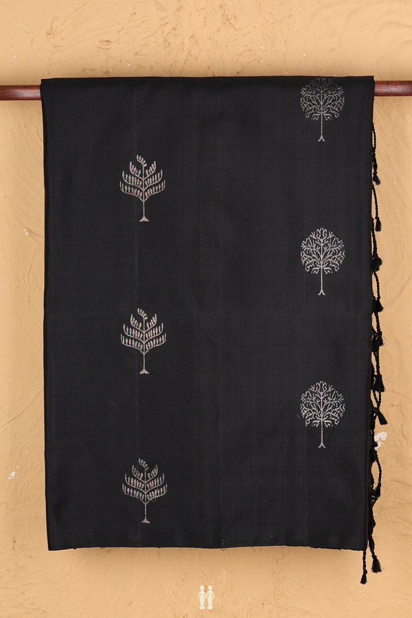 Soft Silk Saree In Black With Tree Motifs