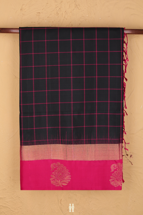 Soft Silk Saree In Black With Checks Design