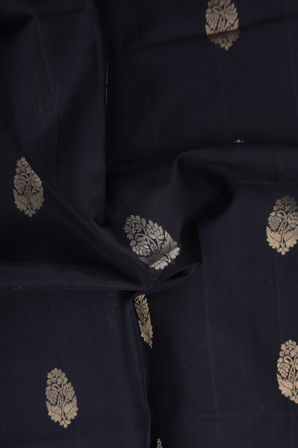 Soft Silk Saree In Black With Floral Buttas