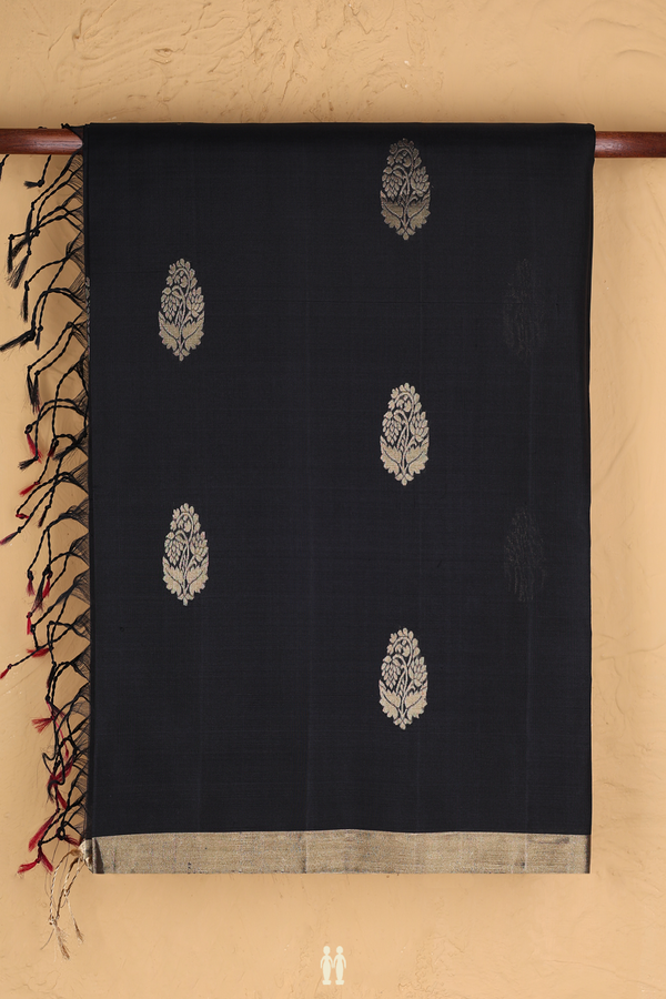 Soft Silk Saree In Black With Floral Buttas