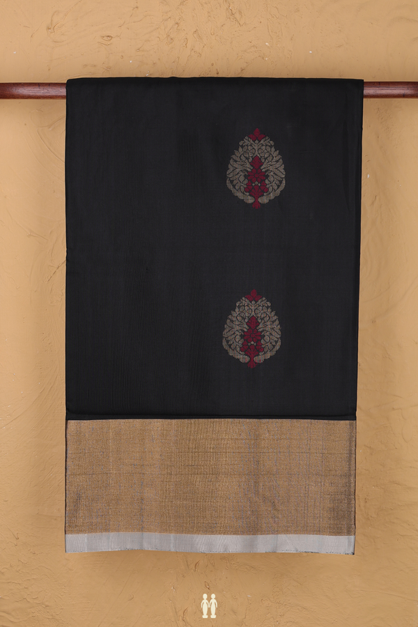 Soft Silk Saree In Black With Floral Motifs