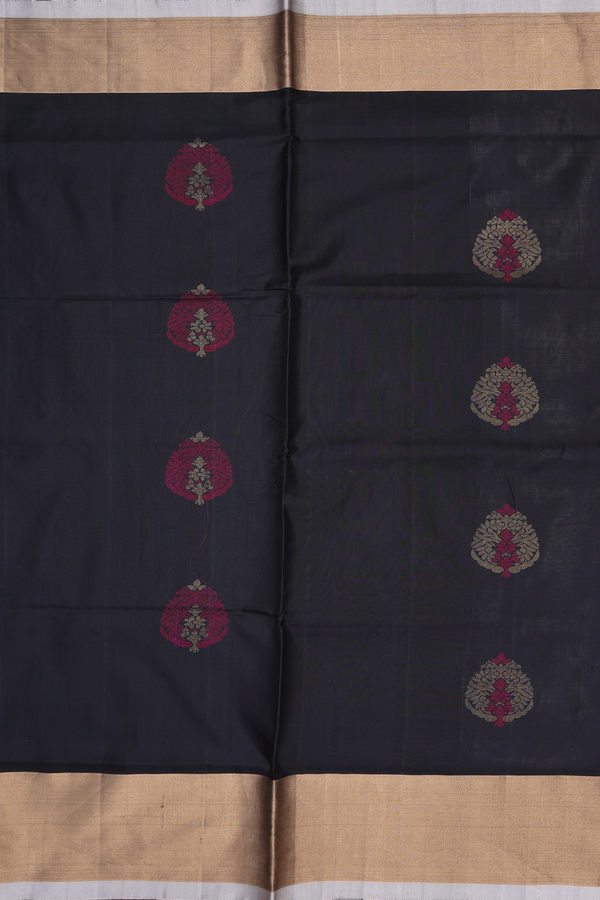 Soft Silk Saree In Black With Floral Motifs