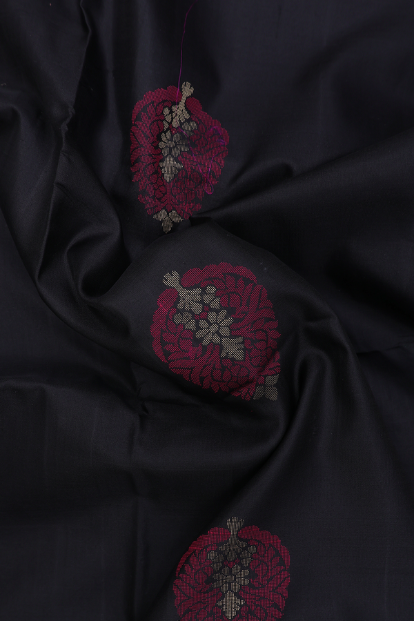 Soft Silk Saree In Black With Floral Motifs