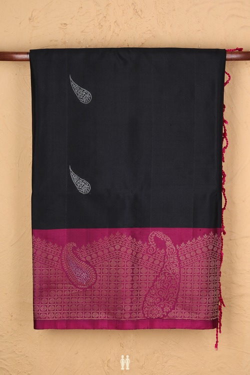 Soft Silk Saree In Black With Paisley Buttas