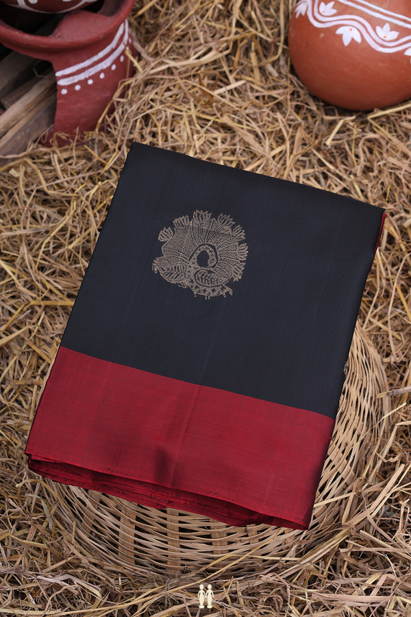 Soft Silk Saree In Black With Peacock Motifs