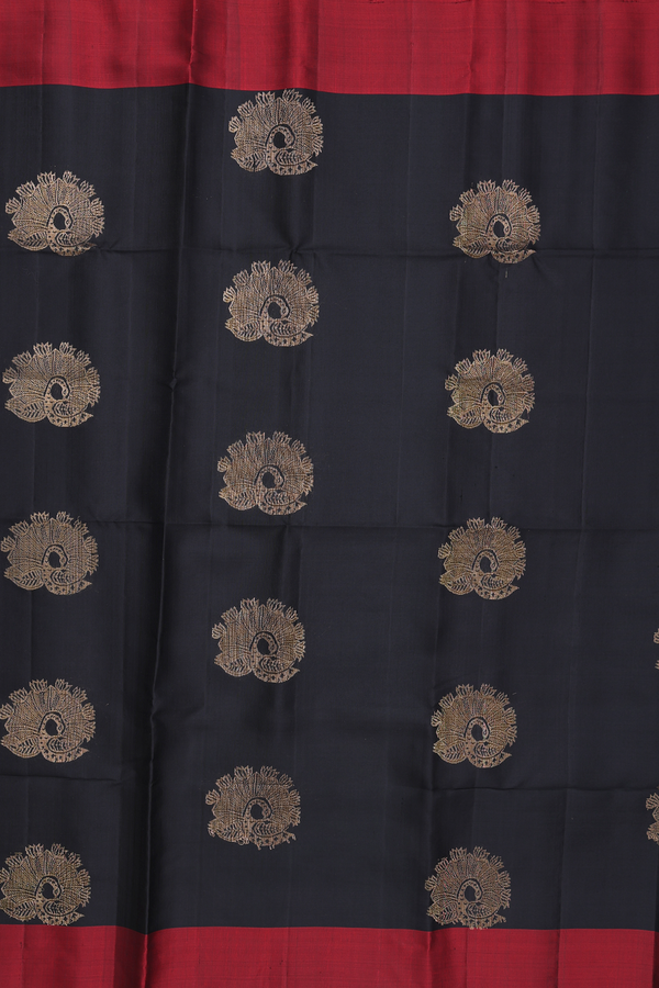 Soft Silk Saree In Black With Peacock Motifs