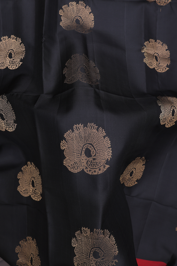 Soft Silk Saree In Black With Peacock Motifs