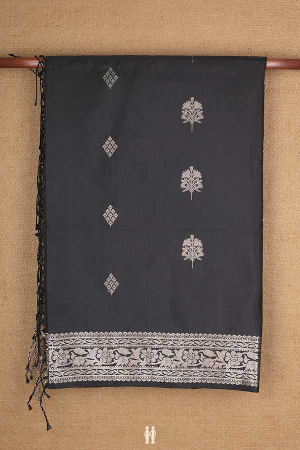 Soft Silk Saree In Black With Zari Buttas