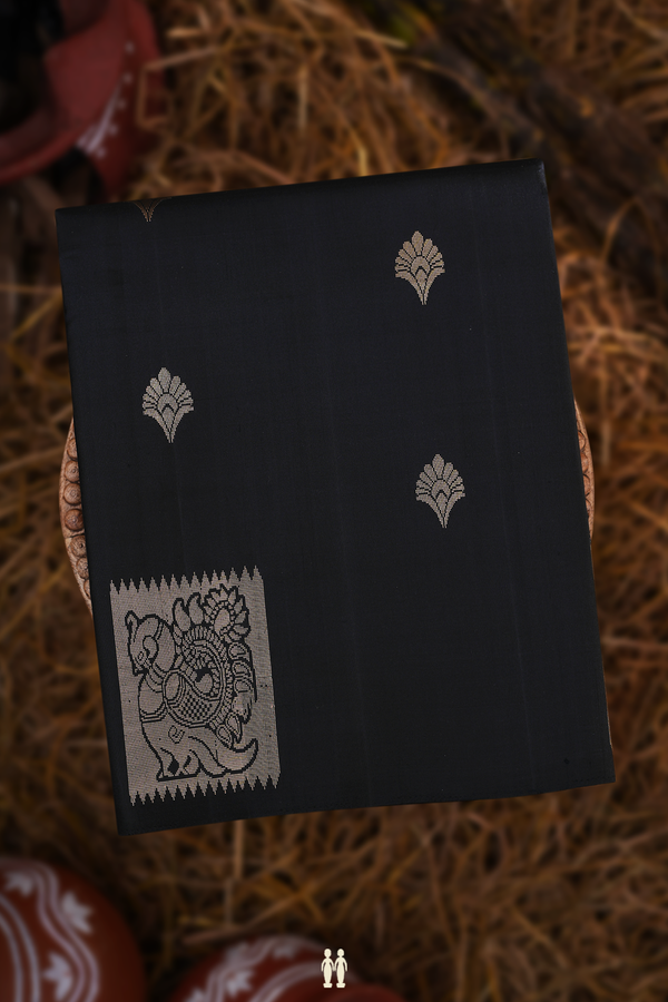 Soft Silk Saree In Black With Zari Buttas