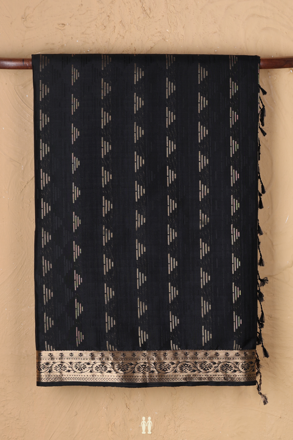 Soft Silk Saree In Black With Zari Buttas