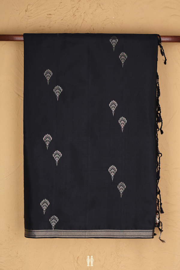 Soft Silk Saree In Black With Zari Buttas
