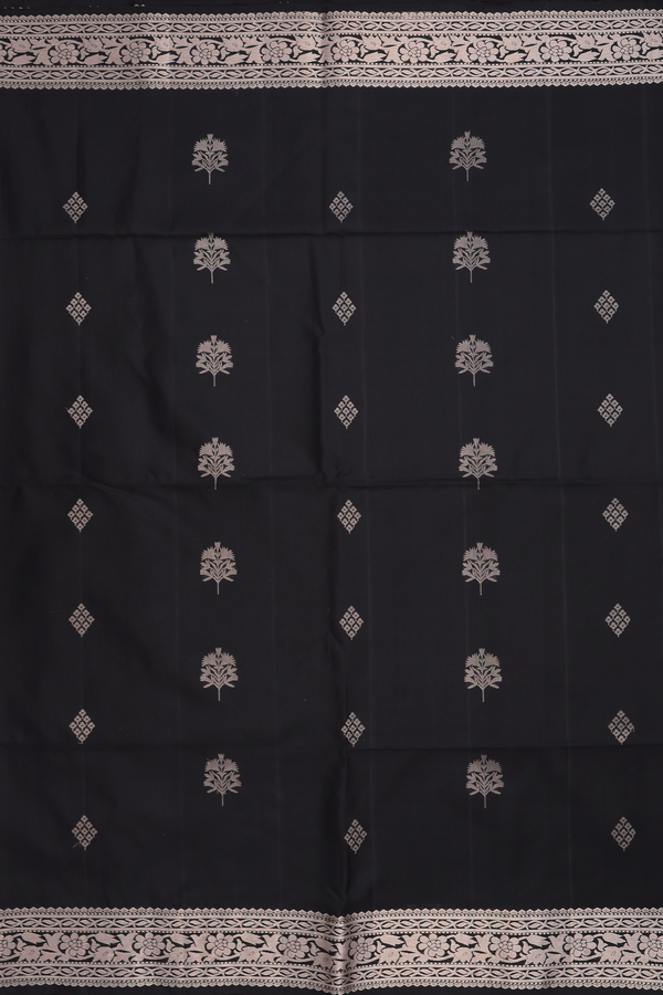 Soft Silk Saree In Black With Zari Buttas