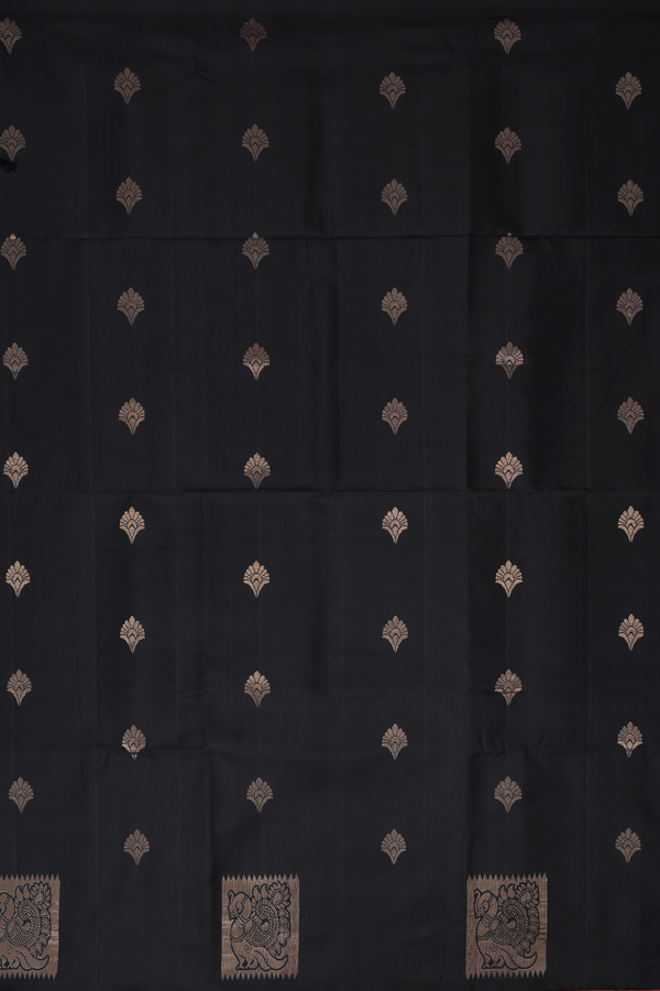 Soft Silk Saree In Black With Zari Buttas