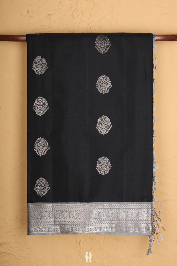 Soft Silk Saree In Black With Zari Motifs
