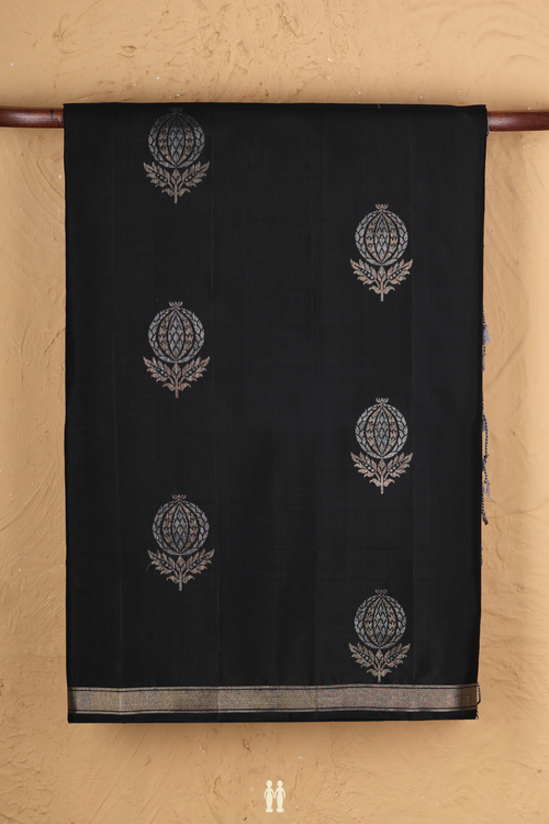 Soft Silk Saree In Black With Floral Motifs